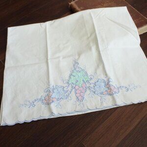 Vintage 1950s Pillowcase, Queen 32" Long, White Cotton With Embroidered Pink
